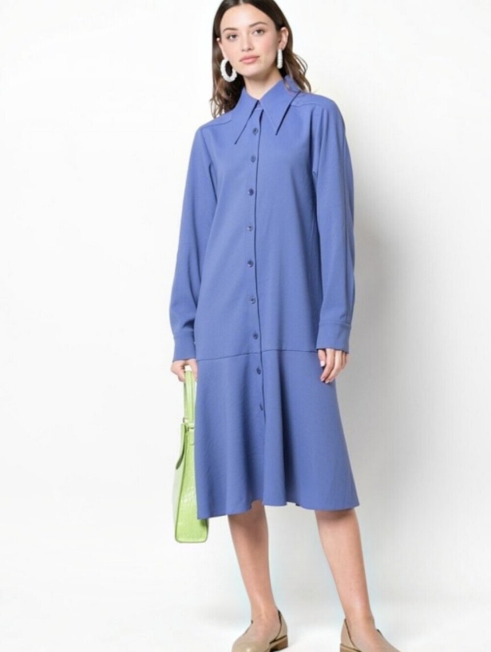 TIBI Blue Chalky Drape Fluted Twill Shirt Dress, 12 Sophisticated Relaxed - Picture 3 of 11